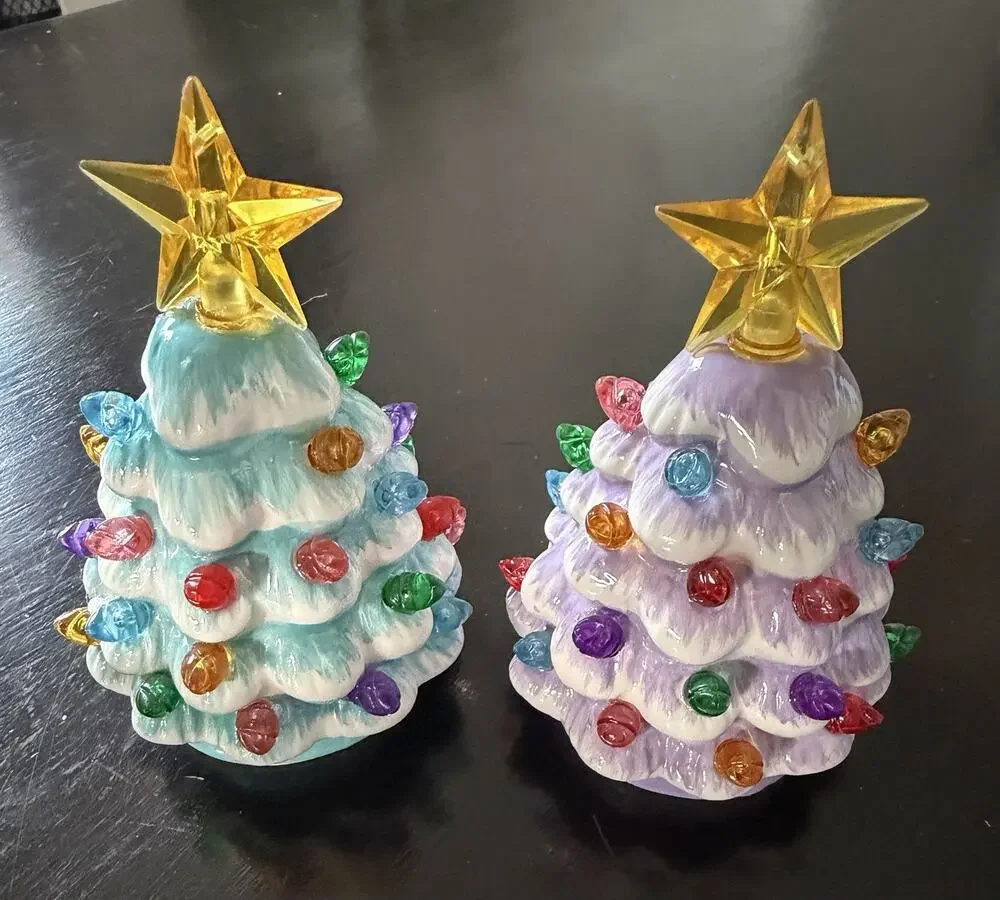 Mr. Christmas Mini Ceramic LED Christmas Trees Blue & Lavender Set of 2 4”